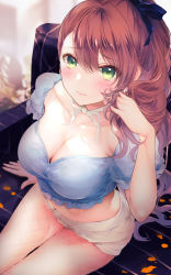Rule 34 | 1girl, amiko (frostedchocolate), arm support, asymmetrical bangs, beatrix (granblue fantasy), blouse, blue shirt, blush, breasts, brown hair, chair, cleavage, closed mouth, collarbone, commentary request, fingernails, fishnet legwear, fishnets, from above, granblue fantasy, green eyes, hair between eyes, hair ribbon, hand in own hair, highres, large breasts, long hair, looking at viewer, midriff, ponytail, ribbon, shirt, short shorts, short sleeves, shorts, sitting, thighs, white ribbon, white shorts