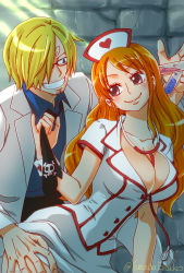 Rule 34 | 1boy, 1girl, beard, between breasts, black neckwear, blonde hair, blue eyes, blue shirt, breasts, brown eyes, brown hair, cleavage, closed mouth, clothes lift, collarbone, collared shirt, couple, facial hair, glasses, grin, hair over one eye, hat, head tilt, highres, holding, lab coat, large breasts, lifting another&#039;s clothes, long hair, miniskirt, nami (one piece), necktie, necktie grab, neckwear grab, nurse, nurse cap, one piece, print neckwear, sanji (one piece), shirt, short sleeves, skirt, skirt lift, skull print, smile, stethoscope, stone wall, test tube, twitter username, very long hair, wall, white skirt, wing collar, yamadaenako