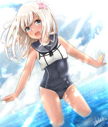 Rule 34 | 1girl, :d, aga marino, bad id, bad pixiv id, bare arms, bare shoulders, black neckerchief, black one-piece swimsuit, black sailor collar, blonde hair, blush, cloud, cloudy sky, contrapposto, covered navel, crop top, day, dutch angle, flower, grey eyes, hair flower, hair ornament, head tilt, horizon, kantai collection, light particles, light rays, long hair, neckerchief, ocean, one-piece swimsuit, one-piece tan, open mouth, ripples, ro-500 (kancolle), sailor collar, school swimsuit, signature, sky, sleeveless, smile, standing, sunbeam, sunlight, swimsuit, tan, tanline, tareme, thighs, wading, water