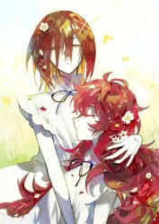 Rule 34 | 2others, absurdres, androgynous, bug, butterfly, c-i, colored eyelashes, colored skin, crack, cracked skin, dress, closed eyes, field, flower, grass, hair flower, hair ornament, hair over eyes, half-closed eyes, highres, houseki no kuni, hug, insect, long hair, multiple others, nail polish, other focus, outdoors, padparadscha (houseki no kuni), red hair, ribbon, rutile (houseki no kuni), short hair, wavy hair, white dress, white skin, yellow eyes
