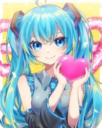 Rule 34 | 1girl, 39, ahoge, aqua eyes, aqua hair, aqua nails, aqua necktie, blush, breasts, closed mouth, commentary, detached sleeves, dress shirt, frilled shirt, frills, hair between eyes, hatsune miku, heart, highres, holding, lace-trimmed collar, lace trim, long hair, looking at viewer, medium breasts, nail polish, necktie, number tattoo, shirt, simple background, sleeveless, sleeveless shirt, smile, solo, soramame pikuto, tattoo, tsurime, twintails, upper body, vocaloid, wide sleeves, wing collar