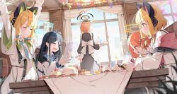 Rule 34 | 6+girls, :t, ahoge, animal ear headphones, animal ears, apron, aris (blue archive), black dress, black hair, black thighhighs, blonde hair, blue archive, blush, cake, cat ear headphones, closed eyes, closed mouth, cup, curtains, day, dress, faceless, faceless female, fake animal ears, food, game development department (blue archive), halo, headphones, highres, huge ahoge, indoors, long hair, long sleeves, maid, midori (blue archive), momoi (blue archive), muina, multiple girls, neru (blue archive), one side up, open mouth, orange hair, pout, red eyes, red hair, restaurant, siblings, sisters, sitting, table, tablecloth, tail, thighhighs, twins, very long hair, white apron, window, yuzu (blue archive)