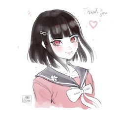 Rule 34 | 1girl, artist name, blunt bangs, blush, bow, collarbone, commentary, cropped torso, danganronpa (series), danganronpa v3: killing harmony, dated, english commentary, hair ornament, harukawa maki, heart, highres, missarilicious, mole, mole under eye, pale skin, red eyes, red shirt, sailor collar, school uniform, shirt, short hair, simple background, smile, solo, upper body, white background, white bow