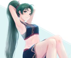 Rule 34 | 1girl, armpits, arms behind head, bare shoulders, blush, closed mouth, crop top, earrings, fire emblem, fire emblem: the blazing blade, fire emblem heroes, green eyes, green hair, hair tie, high ponytail, jewelry, leonmandala, long hair, looking at viewer, lyn (fire emblem), midriff, nintendo, ponytail, shirt, sitting, sleeveless, sleeveless shirt, smile, solo, thighs, very long hair