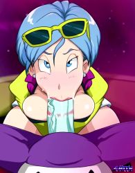 Rule 34 | 1boy, 1girl, alien, animated, artist name, blue hair, blush, bouncing breasts, breasts, bulma, cleavage, dragon ball, dragon ball super, earrings, erection, fellatio, gmeen, hetero, highres, jaco (ginga patrol jaco), jewelry, large breasts, lips, lipstick mark, live2d, looking at another, looking at viewer, moaning, oral, penis, saliva, shiny skin, short hair, sound, squatting, sunglasses, sunglasses on head, veins, veiny penis, video, xenophilia