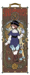 Rule 34 | 1girl, art nouveau, blue shirt, blue shorts, blush, boots, brown footwear, brown hair, commentary request, crossed ankles, flower, fujinozu, full body, green eyes, hat, heterochromia, highres, long sleeves, looking at viewer, looking back, plant, porkpie hat, red eyes, rose, rozen maiden, scissors, shirt, short hair, shorts, smile, solo, souseiseki, suitcase, vines