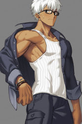 Rule 34 | 1boy, alternate costume, archer (fate), archer (summer casual) (fate), armpits, brown eyes, dark-skinned male, dark skin, fate/stay night, fate (series), glasses, long sleeves, male focus, muscular, pectorals, short hair, single bare shoulder, sketch, solo, sweatdrop, undressing, white hair, zyunya