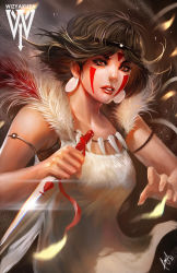 Rule 34 | 1990s (style), armband, blood, brown hair, ceasar ian muyuela, circlet, dagger, earrings, facepaint, facial mark, fur, jewelry, knife, lips, looking at viewer, mononoke hime, necklace, parted lips, red eyes, retro artstyle, san (mononoke hime), short hair, signature, tooth necklace, watermark, weapon