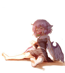 Rule 34 | 1girl, animal ears, arinu, arm support, barefoot, blush, breasts, cleavage, closed eyes, food, full body, hot, mystia lorelei, navel, pink hair, popsicle, short hair, simple background, sitting, sketch, skirt, small breasts, solo, strap slip, sweat, tank top, touhou, watermelon bar, white background, wings