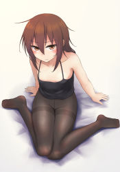 Rule 34 | 1girl, bed sheet, black pantyhose, black tank top, blush, breasts, brown eyes, brown hair, closed mouth, hair between eyes, highres, ishitsubute, kantai collection, pantyhose, short hair, simple background, sitting, small breasts, solo, tank top, thighband pantyhose, wakaba (kancolle)
