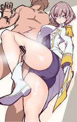 Rule 34 | 1boy, 1girl, aqua eyes, ass, bar censor, blush, boots, breasts, brown hair, censored, clothed female nude male, collared jacket, commentary request, epaulettes, frown, gloves, gridman universe, hair between eyes, hetero, jacket, kippuru, large breasts, leg up, long sleeves, mujina, nude, penis, shiny skin, short hair, short shorts, shorts, simple background, ssss.dynazenon, standing, standing on one leg, testicles, thigh sex, thighs, uniform, white footwear, white jacket