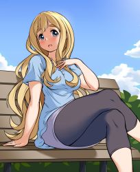 Rule 34 | 1girl, arm support, bench, black pants, blonde hair, blue eyes, blue sky, blush, breasts, bush, capri pants, cloud, eyebrows, from below, hand on own chest, highres, k-on!, kotobuki tsumugi, crossed legs, long hair, looking at viewer, medium breasts, on bench, outdoors, pants, park bench, skirt, sky, smile, solace, solo, thick eyebrows, thighs