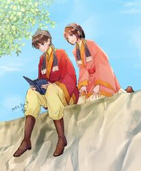 Rule 34 | 1boy, 1girl, :d, blue eyes, book, boots, branch, brother and sister, brown hair, cliff, commentary request, dated, day, expressionless, fringe trim, headband, highres, knee boots, kneeling, long sleeves, nina (yuzuka-53), on ground, open book, open mouth, org (yuzuka-53), original, outdoors, pants, pants tucked in, pink robe, reading, red robe, robe, shirt, short hair, siblings, side-by-side, sitting, sky, smile, twins, white pants, white shirt, wide sleeves, yellow pants, yellow shirt, yuzuka-53