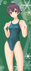 Rule 34 | 1girl, absurdres, ahoge, black hair, breasts, brown eyes, competition swimsuit, cowboy shot, green background, green one-piece swimsuit, highres, kantai collection, logo, looking at viewer, one-piece swimsuit, sakawa (kancolle), short hair, small breasts, snowflake background, solo, speedo (company), standing, swimsuit, takafumi