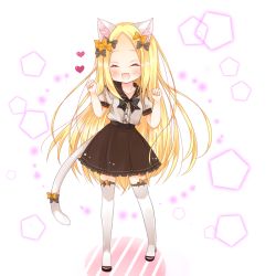 Rule 34 | 1girl, :d, ^ ^, abigail williams (fate), alternate costume, animal ear fluff, animal ears, bad id, bad pixiv id, black bow, blonde hair, blush, bow, brown sailor collar, brown skirt, cat ears, cat girl, cat tail, closed eyes, collarbone, commentary request, diagonal stripes, facing viewer, fate/grand order, fate (series), forehead, full body, grey shirt, hair bow, hands up, heart, kemonomimi mode, long hair, multiple hair bows, open mouth, orange bow, parted bangs, pleated skirt, polka dot, polka dot bow, puffy short sleeves, puffy sleeves, sailor collar, school uniform, serafuku, shirt, short sleeves, skirt, smile, solo, standing, striped, tail, tail bow, tail ornament, thighhighs, toko (torisan ren), very long hair, white thighhighs
