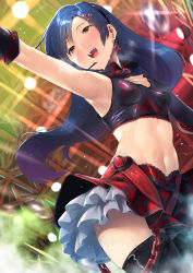 Rule 34 | 1girl, armpits, black thighhighs, blue hair, blush, breasts, brown eyes, dress, earrings, furukawa itsuse, headset, highres, idolmaster, idolmaster (classic), jewelry, kisaragi chihaya, light rays, long hair, midriff, navel, outstretched arm, small breasts, smile, solo, thighhighs