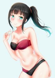 Rule 34 | 10s, 1girl, aqua eyes, arm behind back, bare arms, bare shoulders, bikini, black bikini, black hair, blue background, blunt bangs, blush, breasts, cleavage, closed mouth, collarbone, commentary, cowboy shot, female focus, hair ornament, hair scrunchie, hand up, highres, kurosawa dia, layered bikini, leaning, leaning forward, lips, long hair, looking at viewer, love live!, love live! school idol festival, love live! sunshine!!, medium breasts, mole, mole under mouth, multicolored bikini, multicolored clothes, multicolored swimsuit, navel, neck, ponytail, rama (yu-light8), red bikini, scrunchie, sidelocks, simple background, smile, solo, standing, stomach, strapless, strapless bikini, swimsuit, two-tone bikini, two-tone swimsuit