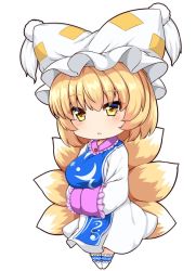 Rule 34 | 1girl, animal hat, blonde hair, blush, breasts, chibi, clothing request, commentary request, dress, fox tail, frilled sleeves, frills, hat, large breasts, legs together, long sleeves, mob cap, open mouth, own hands together, mob cap, short hair, simple background, sleeves past wrists, socks, solo, standing, tabard, tagme, tail, touhou, tsurime, white background, white dress, white socks, wide sleeves, wildcat (kusonemi), yakumo ran, yellow eyes