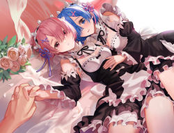 Rule 34 | 1other, 2girls, bare shoulders, black ribbon, blue eyes, blue hair, blue ribbon, blush, breasts, cleavage, commentary request, detached sleeves, dress, flower, frills, hair ornament, hair over one eye, hair ribbon, highres, holding hands, interlocked fingers, juliet sleeves, long sleeves, looking at viewer, lying, maid, maid headdress, matching hair/eyes, medium breasts, multiple girls, neck ribbon, on back, peach luo, pink eyes, pink flower, pink hair, pink rose, puffy sleeves, ram (re:zero), re:zero kara hajimeru isekai seikatsu, red eyes, rem (re:zero), ribbon, rose, roswaal mansion maid uniform, short hair, siblings, sisters, small breasts, smile, teeth, twins, upper teeth only, x hair ornament