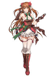 Rule 34 | 1girl, absurdres, alternate costume, bare shoulders, blush, boots, bow, breasts, brown eyes, brown hair, christmas, cleavage, dress, gloves, hair between eyes, hair ornament, hair ribbon, highres, hiyashi mirano, holding, holding microphone, large breasts, long hair, looking at viewer, medium breasts, microphone, nozomi (christmas) (princess connect!), nozomi (princess connect!), parted lips, princess connect!, ribbon, santa dress, simple background, smile, solo, standing, sweat, thighhighs, thighs, two side up, very long hair, white background, white thighhighs