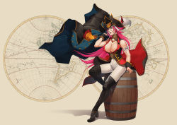Rule 34 | 1girl, barrel, black footwear, blue eyes, boots, breasts, coat, fate/extra, fate/grand order, fate (series), francis drake (fate), francis drake (third ascension) (fate), full body, hat, highres, kyoshiki, large breasts, long hair, pants, pink hair, pirate hat, red coat, scar, scar on face, sleeveless, sleeveless coat, solo, thigh boots, thighhighs, very long hair, white pants, world map