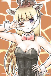 Rule 34 | 1girl, ;), alternate costume, animal ear fluff, animal ears, bare shoulders, black leotard, blonde hair, bow, bowtie, breasts, brown hair, commentary request, detached collar, fishnet pantyhose, fishnets, giraffe ears, giraffe horns, hand on own hip, highres, horns, kemono friends, leotard, long hair, looking at viewer, medium breasts, multicolored hair, murakami kou (raye), one eye closed, outline, pantyhose, playboy bunny, ponytail, red bow, red bowtie, reticulated giraffe (kemono friends), smile, solo, two-tone hair, upper body, v, v over eye, very long hair, white outline, wrist cuffs