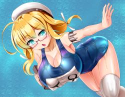 Rule 34 | 1girl, blonde hair, blue background, blue eyes, blue one-piece swimsuit, breasts, covered erect nipples, glasses, hat, honda takaharu, huge breasts, i-8 (kancolle), kantai collection, large breasts, low twintails, medium hair, name tag, one-piece swimsuit, peaked cap, sailor hat, school swimsuit, semi-rimless eyewear, swimsuit, thighhighs, twintails, wet, wet clothes, wet swimsuit, white thighhighs