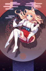 Rule 34 | 1girl, absurdres, animal ears, blonde hair, blue eyes, blunt bangs, blush, breasts, collarbone, detached sleeves, fox ears, fox girl, fox tail, full body, hands up, highres, japanese clothes, leg ribbon, long hair, long sleeves, looking at viewer, miniskirt, obi, original, parted lips, red ribbon, red skirt, ribbon, sash, skirt, sleeves past wrists, small breasts, smile, solo, tail, teeth, thighhighs, white thighhighs, wide sleeves, yuwan 2333