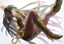 Rule 34 | 1girl, alcohol, bad id, bad pixiv id, black pantyhose, boots, cleopatra (fate), cup, earrings, fate/grand order, fate (series), green eyes, green hair, highres, jewelry, knee boots, kuune (muttey-myg), long hair, necklace, one eye closed, pantyhose, shorts, very long hair, wine