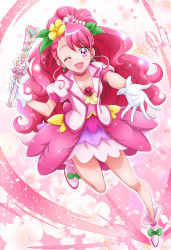 Rule 34 | 1girl, :d, back bow, bare legs, bow, choker, collarbone, cure grace, earrings, floral background, flower, footwear bow, gloves, green bow, hair bun, hair flower, hair ornament, hanadera nodoka, hanzou, healin&#039; good precure, heart, heart hair ornament, highres, holding, holding wand, jewelry, layered skirt, long hair, looking at viewer, magical girl, open mouth, outstretched hand, pink background, pink bow, pink eyes, pink flower, pink hair, pink neckwear, pink rose, pink theme, precure, rose, shoes, single hair bun, skirt, smile, solo, wand, white background, white footwear, white gloves