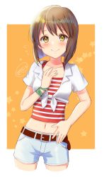 Rule 34 | 1girl, belt, belt buckle, blush, brown belt, brown eyes, brown hair, buckle, character request, closed mouth, collarbone, crop top, cropped legs, flying sweatdrops, idolmaster, ittokyu, looking at viewer, midriff, navel, orange background, shirt, short hair, short shorts, short sleeves, shorts, signature, smile, solo, star (symbol), starry background, striped clothes, striped shirt, tied shirt, two-tone background, white background, white shorts
