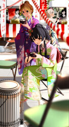 Rule 34 | 5girls, :o, absurdres, alternate costume, alternate hairstyle, blurry, blurry foreground, bowl, chopsticks, depth of field, faceless, faceless female, festival, floral print, food, highres, holding, holding bowl, holding chopsticks, idolmaster, idolmaster shiny colors, izumi mei, japanese clothes, kimono, kyamcya, mayuzumi fuyuko, mochi, mochi trail, multiple girls, outdoors, ponytail, print kimono, serizawa asahi, sitting, steam, stove, straylight (idolmaster)