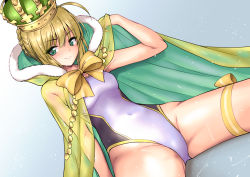 Rule 34 | 1girl, ahoge, arm support, artoria pendragon (all), artoria pendragon (fate), artoria pendragon (swimsuit archer) (fate), artoria pendragon (swimsuit archer) (third ascension) (fate), bare arms, blonde hair, blush, bow, braid, breasts, cape, closed mouth, competition swimsuit, covered navel, crown, dutch angle, fate/grand order, fate (series), fur-trimmed cape, fur trim, gradient background, green cape, green eyes, grey background, hand up, highleg, highleg swimsuit, leg ribbon, light particles, marugoshi (54burger), one-piece swimsuit, ribbon, saber (fate), see-through, short hair, sidelocks, sitting, small breasts, smile, solo, swimsuit, thigh ribbon, thighs, white one-piece swimsuit, yellow bow, yellow ribbon