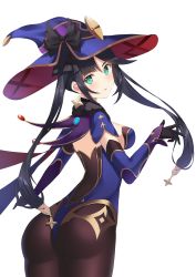 Rule 34 | 1girl, absurdres, ass, black gloves, black hair, black pantyhose, blue leotard, blush, bow, breasts, capelet, cowboy shot, detached sleeves, earrings, from behind, genshin impact, gloves, hat, hat bow, highres, jewelry, leotard, long hair, looking at viewer, looking back, medium breasts, mona (genshin impact), pantyhose, parted lips, sideboob, sidelocks, solo, star (symbol), star earrings, tamatabe, transparent background, twintails, witch hat
