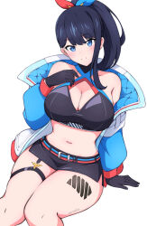 Rule 34 | 1girl, absurdres, bare shoulders, belt, black gloves, black hair, black skirt, blue background, blue eyes, blue sleeves, breasts, cleavage, collarbone, cowboy shot, gloves, gridman universe, gridman universe (film), hair between eyes, hair ribbon, halterneck, highres, jacket, long hair, long sleeves, looking at viewer, masakin, medium breasts, midriff, miniskirt, navel, official alternate costume, official alternate hairstyle, open clothes, open jacket, pencil skirt, ponytail, ribbon, sidelocks, signature, simple background, sitting, skindentation, skirt, solo, ssss.gridman, takarada rikka, thick thighs, thigh strap, thighs, white jacket