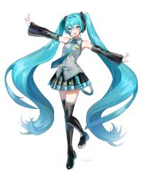 Rule 34 | 1girl, :d, airplane arms, aqua nails, ay6as, bare shoulders, black footwear, black skirt, black sleeves, blue hair, blue necktie, boots, collared shirt, detached sleeves, full body, grey shirt, hair intakes, hair ornament, hatsune miku, headphones, highres, long hair, microphone, necktie, open mouth, outstretched arms, pleated skirt, shirt, shoulder tattoo, simple background, skirt, sleeveless, sleeveless shirt, smile, solo, spread arms, tattoo, thigh boots, twintails, twitter username, very long hair, vocaloid, white background