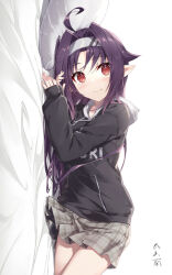 Rule 34 | 1girl, ahoge, bed sheet, black hoodie, closed mouth, commentary request, fairy (sao), gabiran, grey skirt, hairband, hood, hoodie, long hair, looking at viewer, lying, on side, pillow, plaid, plaid skirt, pointy ears, purple hair, red eyes, sideways, signature, simple background, skirt, sleeves past wrists, smile, solo, sword art online, white background, white hairband, white hood, yuuki (sao)