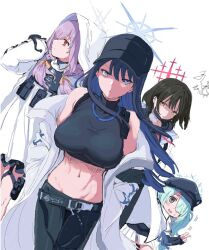 Rule 34 | 4girls, armband, atsuko (blue archive), bare shoulders, baseball cap, belt, black gloves, black hair, black headwear, black pants, black shirt, blue archive, blue eyes, blush, braid, breasts, brown eyes, brown hair, bulletproof vest, chest harness, chibi, clearite, coat, crop top, dress, gloves, green hair, grey eyes, hair over one eye, hair ribbon, halo, harness, hat, highres, hiyori (blue archive), hood, hooded jacket, jacket, large breasts, light purple hair, long hair, long sleeves, looking at viewer, looking to the side, low twin braids, medium breasts, midriff, misaki (blue archive), multiple girls, navel, off shoulder, open clothes, open coat, open jacket, pants, pouch, red eyes, ribbon, saori (blue archive), shirt, short hair, sidelocks, sleeveless, sleeveless shirt, smile, thigh strap, thighs, twin braids, white coat, white dress, white jacket