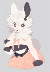 Rule 34 | 10r (tulipano), 1girl, animal ears, blush, bow, breasts, cleavage, commentary request, copyright request, cowlick, dress, finger to mouth, grey background, large breasts, long hair, pink bow, pink pupils, pink ribbon, rabbit-shaped pupils, rabbit ears, rabbit girl, rabbit tail, ribbon, silver hair, simple background, solo, symbol-shaped pupils, tail, upper body