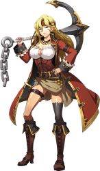 Rule 34 | 1girl, anchor, asymmetrical legwear, belt, belt buckle, blonde hair, blue eyes, boots, breasts, brown belt, brown footwear, brown headband, brown skirt, buckle, chain, cleavage, coat, collarbone, facial mark, full body, grey socks, hand on own hip, headband, highres, holding, holding anchor, holding weapon, imelda (langrisser), jewelry, knee boots, kneehighs, langrisser, langrisser ii, large breasts, long hair, looking at viewer, miniskirt, mole, mole under mouth, nail polish, necklace, official art, open clothes, open coat, parted lips, pirate, red coat, red nails, shiny skin, shirt, skirt, socks, solo, standing, thighhighs, torn clothes, torn legwear, transparent background, underbust, weapon, white shirt