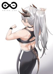 Rule 34 | 1girl, arknights, atsukii, bare arms, bare shoulders, black pants, black sports bra, breasts, commentary, cowboy shot, crop top, dragon horns, dragon tail, facing away, from behind, hair between eyes, highres, horns, long hair, pants, ponytail, rhine lab logo, saria (arknights), silver hair, small breasts, solo, sports bra, standing, stomach, tail, very long hair, watch, wristwatch