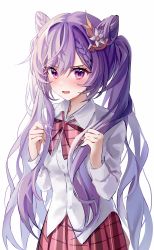 Rule 34 | 1girl, absurdres, blush, bow, bowtie, braid, braided bangs, breasts, buttons, collared shirt, cone hair bun, double bun, flower, genshin impact, hair between eyes, hair bun, hair flower, hair intakes, hair ornament, hands up, highres, holding, holding own hair, keqing (genshin impact), long hair, long sleeves, looking at viewer, medium breasts, nagul, open mouth, plaid, plaid bow, plaid bowtie, plaid skirt, purple eyes, purple hair, red bow, red bowtie, red skirt, shirt, simple background, skirt, solo, twintails, upper body, v-shaped eyebrows, very long hair, white background, white flower, white shirt, wing collar