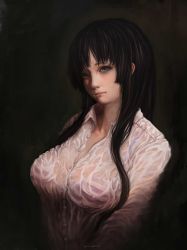 Rule 34 | 1girl, absurdres, akiyama mio, artist name, bikini, black background, black eyes, black hair, breasts, buttons, collared shirt, dark background, expressionless, female focus, highres, hime cut, k-on!, kuon (kwonchanji), large breasts, lips, long hair, nose, photorealistic, realistic, see-through, shirt, signature, solo, striped bikini, striped clothes, swimsuit, upper body, wet, wet clothes, wet hair, wet shirt, white shirt