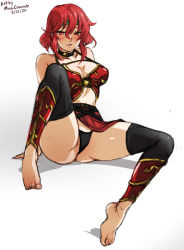 Rule 34 | 1girl, 2020, arm support, armor, artist name, barefoot, black panties, black thighhighs, blush, breasts, choker, cleavage, dated, feet, female focus, fire emblem, fire emblem: mystery of the emblem, greaves, headband, large breasts, looking at viewer, matching hair/eyes, medium hair, mina cream, minerva (fire emblem), nintendo, panties, parted lips, red eyes, red hair, sitting, solo, thighhighs, toes, underwear