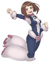 Rule 34 | 1girl, :d, arm up, belt, black bodysuit, blush stickers, bob cut, bodysuit, boku no hero academia, boots, breasts, brown eyes, brown hair, clenched hands, commentary, eyelashes, full body, high heel boots, high heels, highres, jumping, kobaji, looking at viewer, medium breasts, open mouth, pink bodysuit, short hair, simple background, smile, solo, superhero costume, teeth, thick eyebrows, uniform, upper teeth only, uraraka ochako, white background