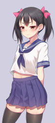 Rule 34 | 1girl, absurdres, arms behind back, black hair, black thighhighs, blouse, blue background, blue neckerchief, blue sailor collar, blue sky, blush, bow, chinese commentary, closed mouth, collarbone, commentary, hair bow, highres, jidan hua, looking away, love live!, love live! school idol project, midriff peek, navel, neckerchief, photoshop (medium), pleated skirt, red bow, sailor collar, school uniform, serafuku, shirt, short sleeves, simple background, skirt, sky, solo, stomach, thighhighs, twintails, v-shaped eyebrows, white shirt, yazawa nico, zettai ryouiki