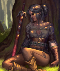 Rule 34 | 1girl, absurdres, belt buckle, blouse, boots, brown pants, brush l, buckle, ciri, closed mouth, forest, gloves, hair bun, highres, nature, pants, resting, scar, shirt, silver hair, single hair bun, sword, the witcher (series), the witcher 3, tree, weapon, white shirt