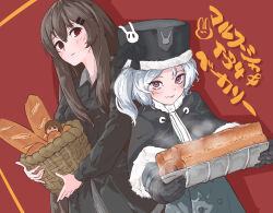 Rule 34 | 2girls, ash arms, basket, black hair, bread, closed mouth, commentary request, food, gloves, hair between eyes, hair ornament, hairclip, hat, highres, long hair, marfusha, marfusha (marfusha), medium hair, multiple girls, myi, red background, red eyes, smile, t-34 (ash arms), winter clothes