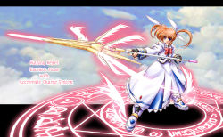 Rule 34 | 00s, 1girl, bow, character name, energy wings, english text, fingerless gloves, gloves, letterboxed, lyrical nanoha, magazine (weapon), magic circle, magical girl, mahou shoujo lyrical nanoha, mahou shoujo lyrical nanoha a&#039;s, polearm, purple eyes, raising heart, red bow, red hair, shoes, solo, takamachi nanoha, twintails, weapon, white devil, winged footwear, wings