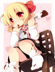 Rule 34 | 1girl, apron, black dress, blonde hair, blush, bowl, chair, chocolate, dress, licking finger, finger to mouth, hair ribbon, heart, highres, licking, long sleeves, matatabi (nigatsu), messy, open mouth, red eyes, ribbon, rumia, shirt, sitting, solo, spatula, spilling, tongue, tongue out, touhou